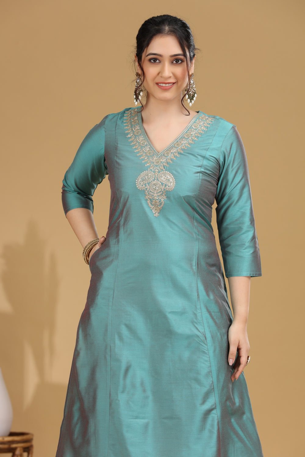 Turquoise Motif Embroidered Straight Co ord Set
