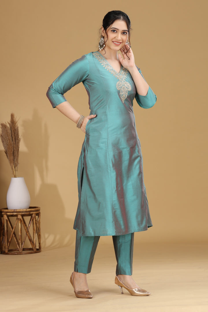 Turquoise Motif Embroidered Straight Co ord Set