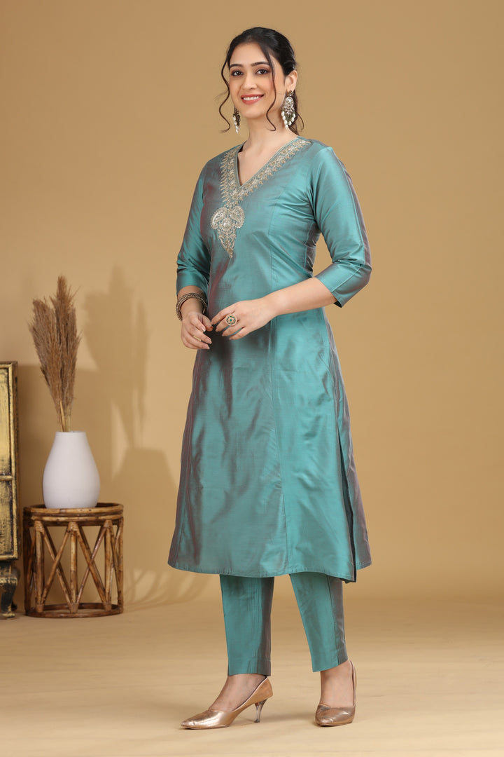 Turquoise Motif Embroidered Straight Co ord Set