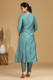 Turquoise Motif Embroidered Straight Co ord Set
