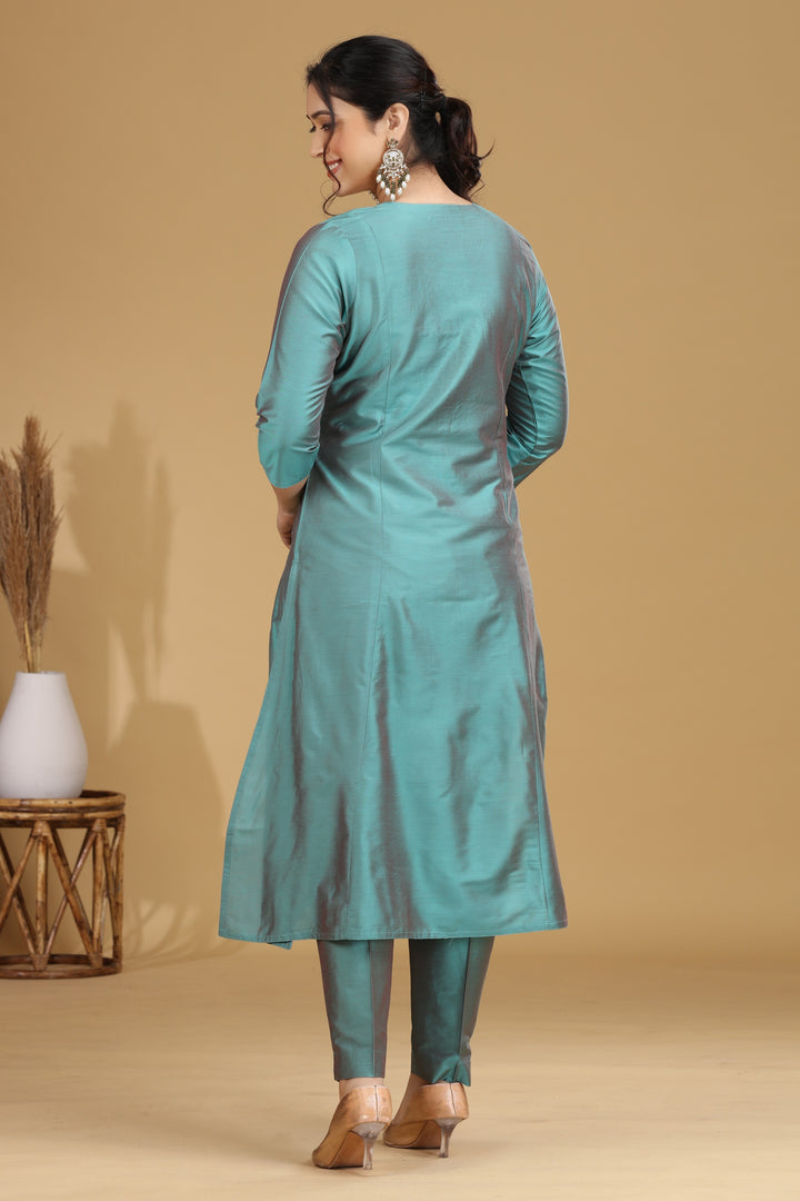 Turquoise Motif Embroidered Straight Co ord Set