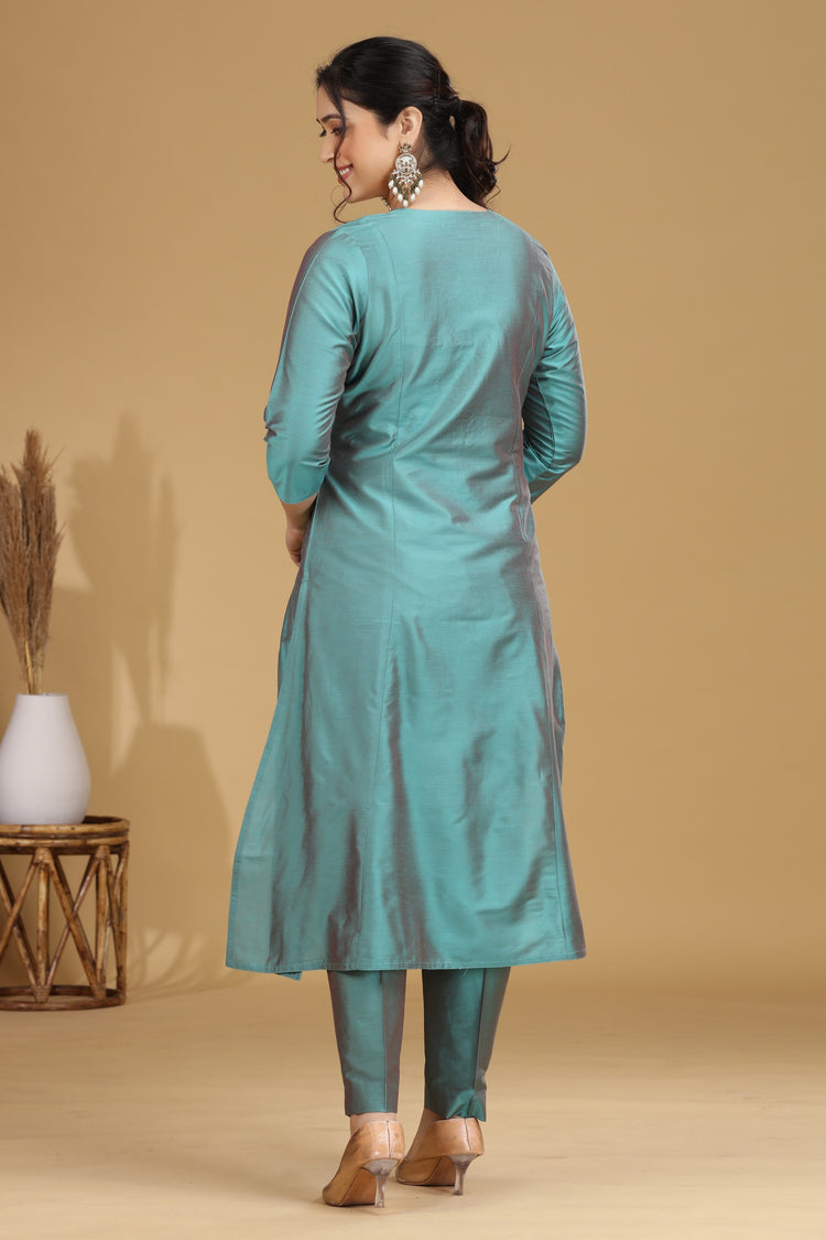 Turquoise Motif Embroidered Straight Co ord Set