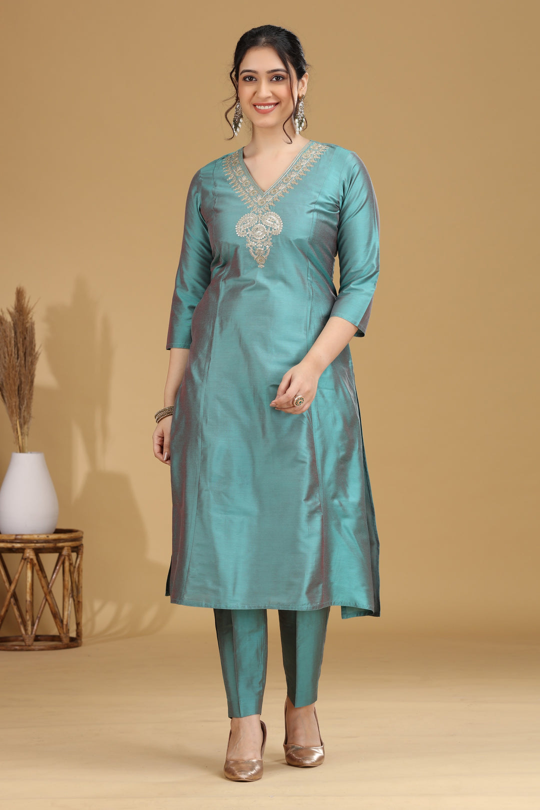 Turquoise Motif Embroidered Straight Co ord Set
