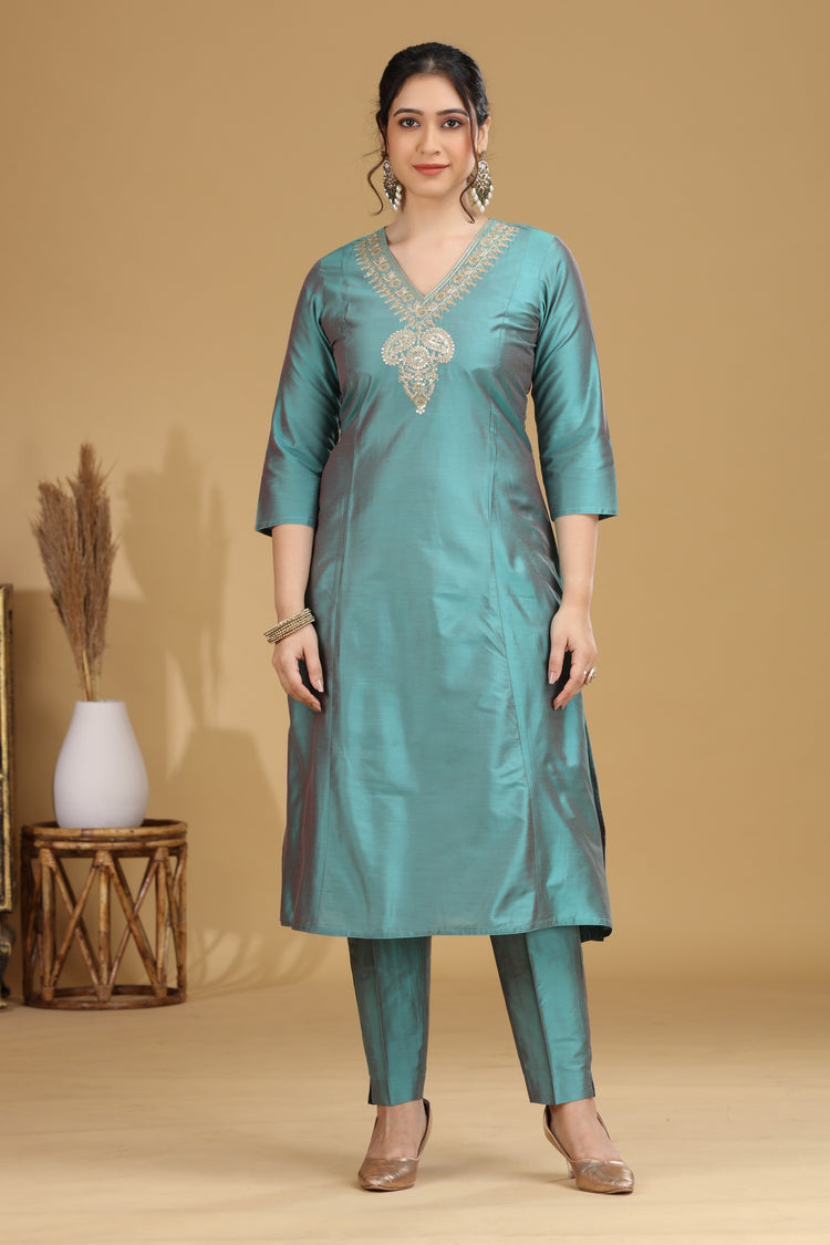 Turquoise Motif Embroidered Straight Co ord Set