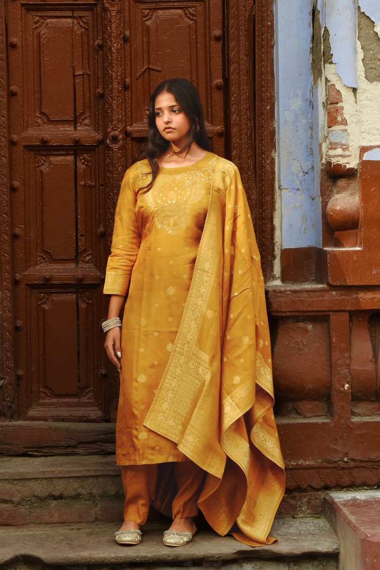 Dark Mustard Embroidered Kurta with Pant & Dupatta Ethnic Wear Suit