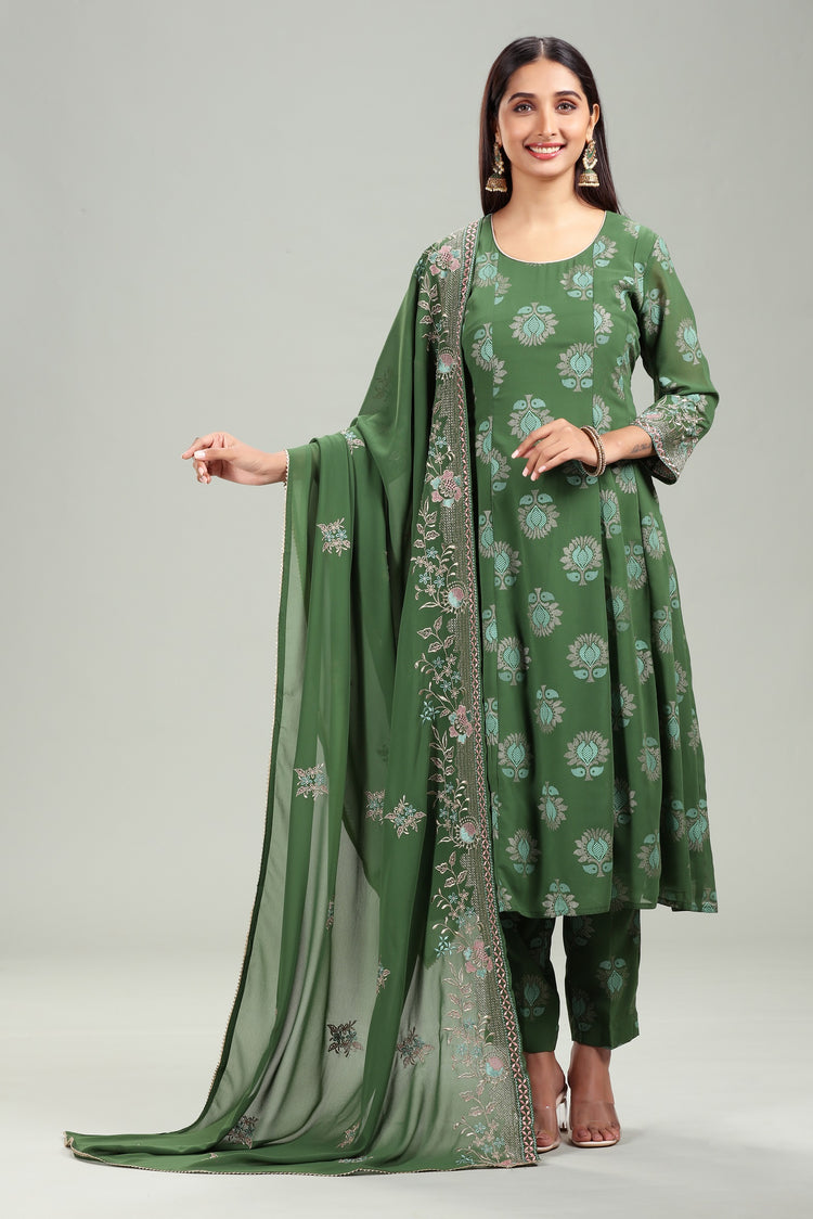 Green Georgette Yarndyed Anarkali Kurta Pant Suit Set