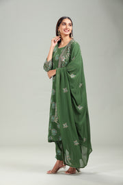 Green Georgette Yarndyed Anarkali Kurta Pant Suit Set