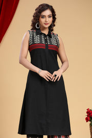 Black Handloom Cotton Yarn Dyed Kurta and Pant Set
