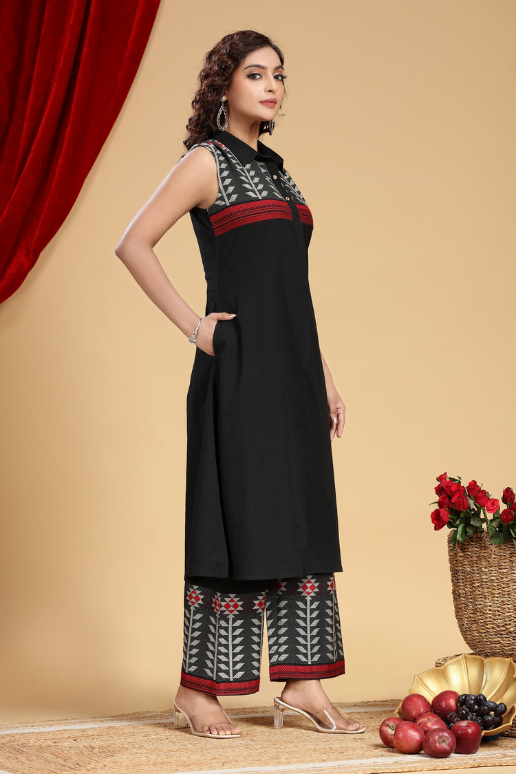 Black Handloom Cotton Yarn Dyed Kurta and Pant Set