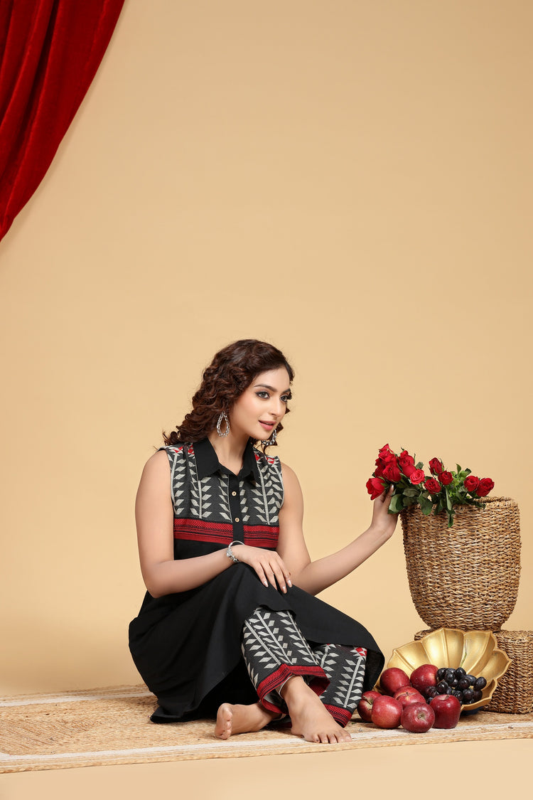 Black Handloom Cotton Yarn Dyed Kurta and Pant Set