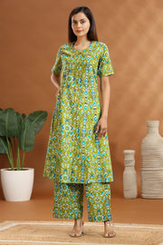 Parrot Green Flax Cotton Printed Straight Kurta and Pant Set