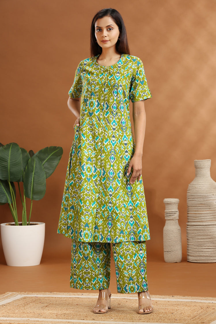 Parrot Green Flax Cotton Printed Straight Kurta and Pant Set