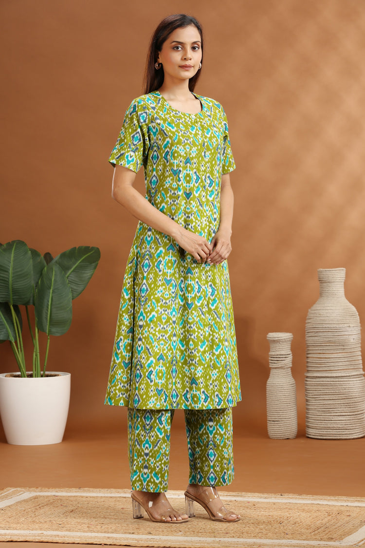 Parrot Green Flax Cotton Printed Straight Kurta and Pant Set