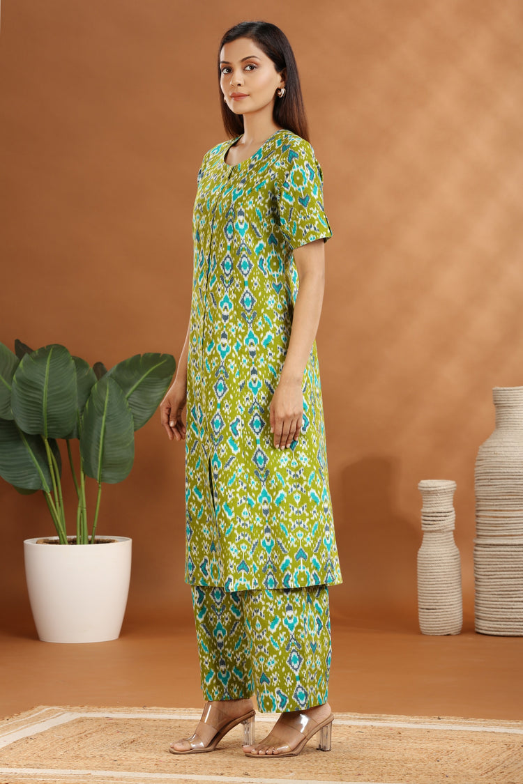 Parrot Green Flax Cotton Printed Straight Kurta and Pant Set