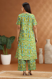 Parrot Green Flax Cotton Printed Straight Kurta and Pant Set