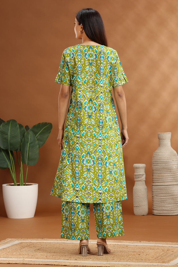 Parrot Green Flax Cotton Printed Straight Kurta and Pant Set