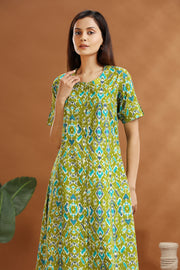 Parrot Green Flax Cotton Printed Straight Kurta and Pant Set