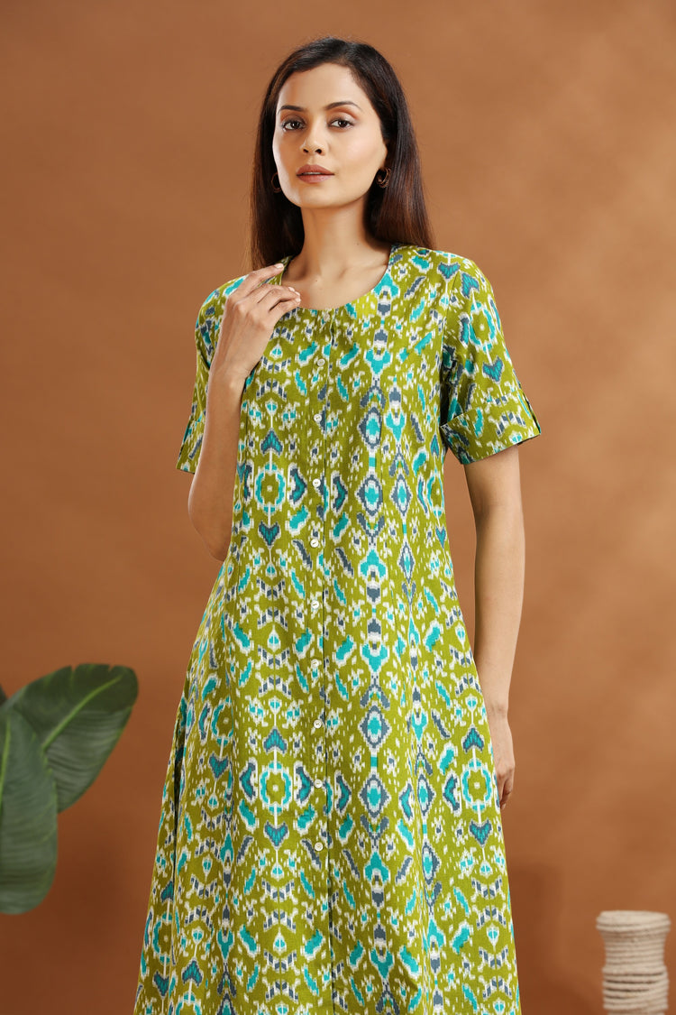 Parrot Green Flax Cotton Printed Straight Kurta and Pant Set