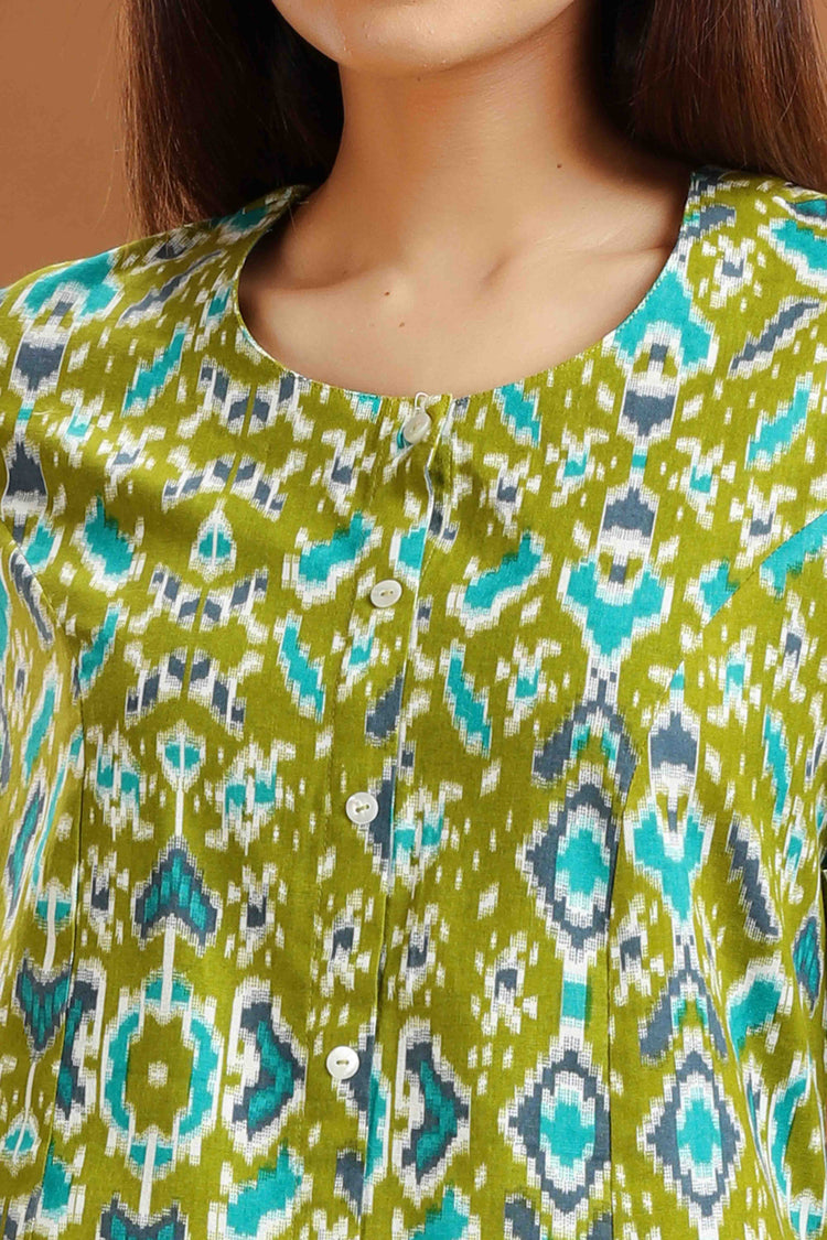 Parrot Green Flax Cotton Printed Straight Kurta and Pant Set