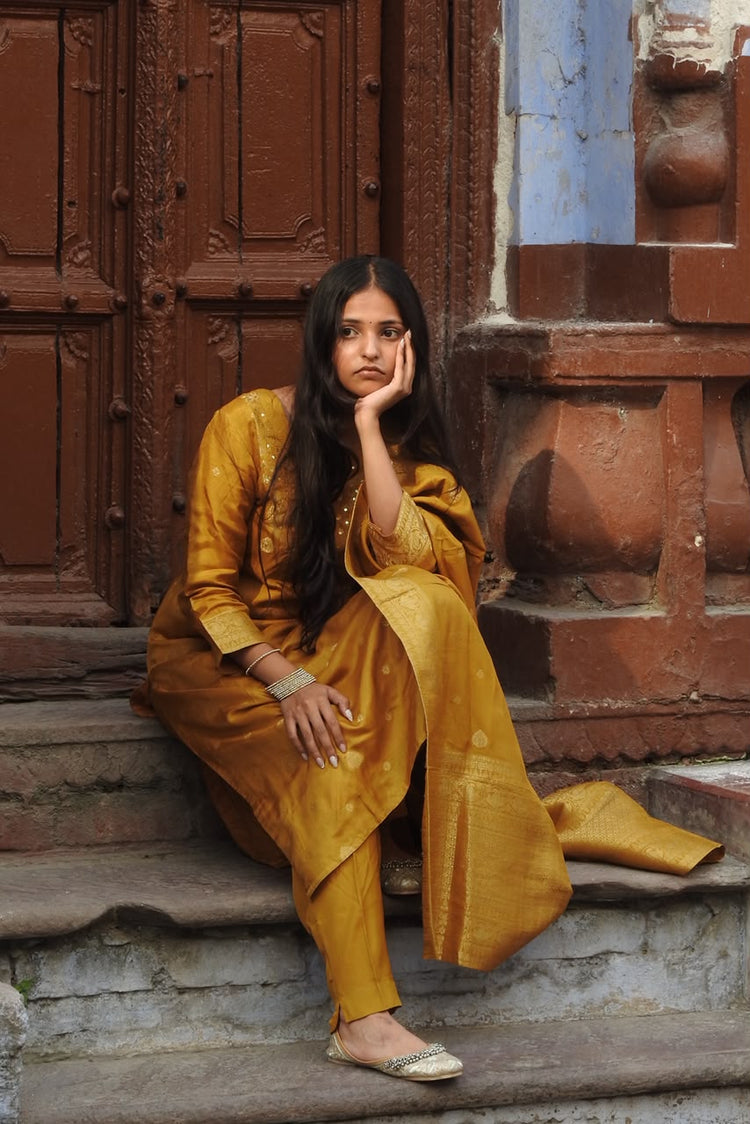 Dark Mustard Embroidered Kurta with Pant & Dupatta Ethnic Wear Suit