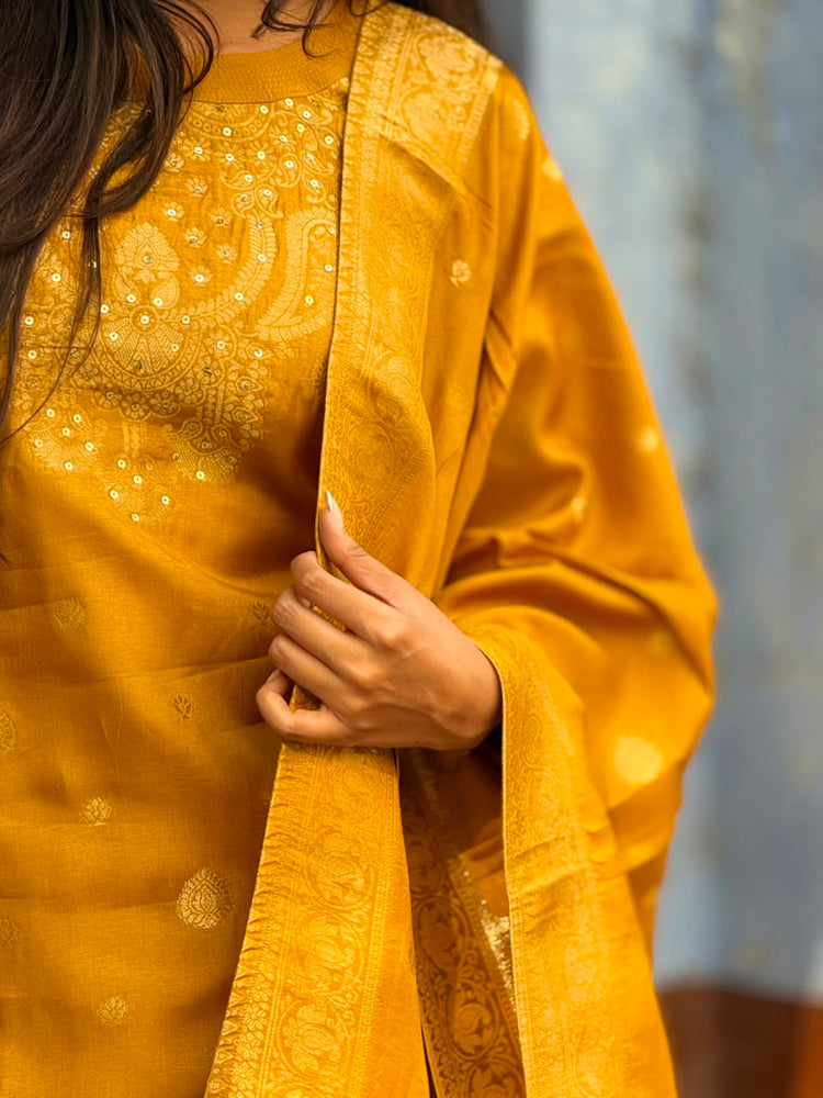 Dark Mustard Embroidered Kurta with Pant & Dupatta Ethnic Wear Suit