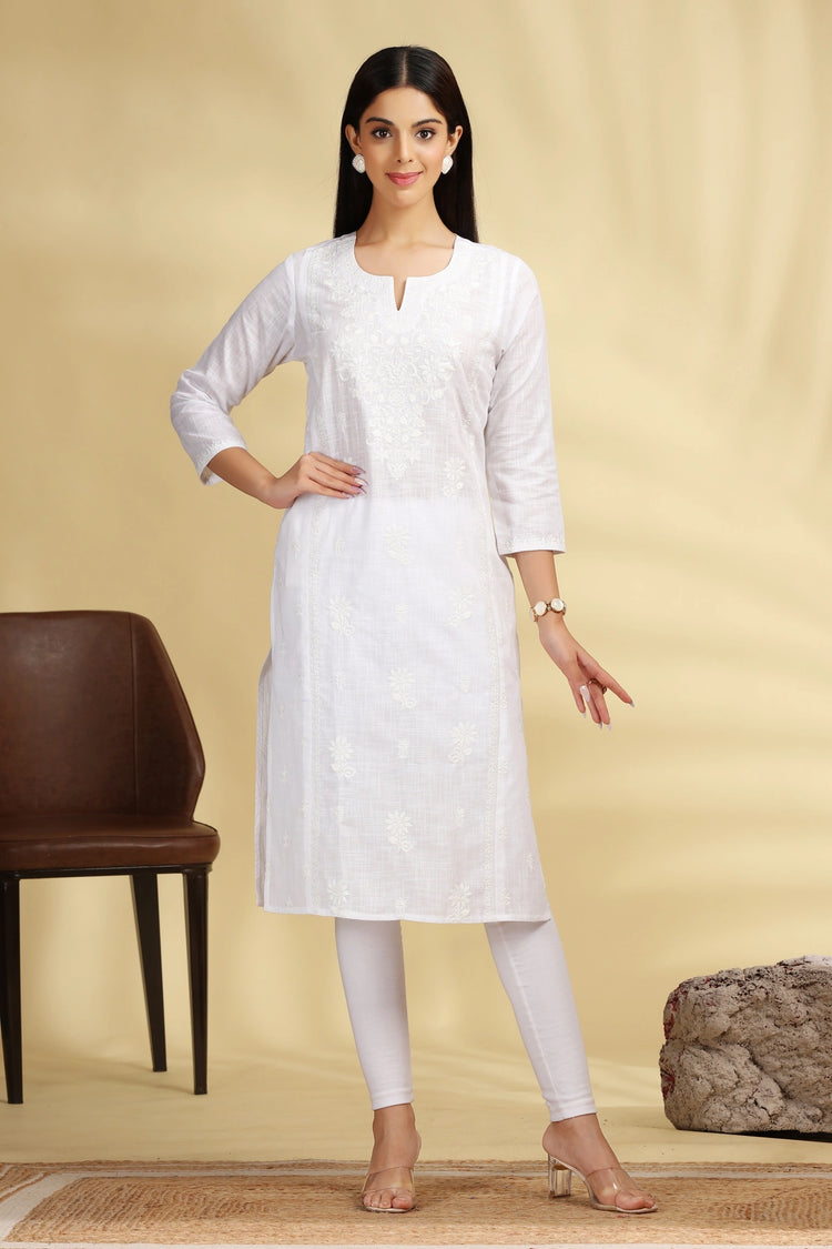 White Embroidered Cotton Straight Kurta for women and girls