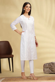 White Embroidered Cotton Straight Kurta for women and girls