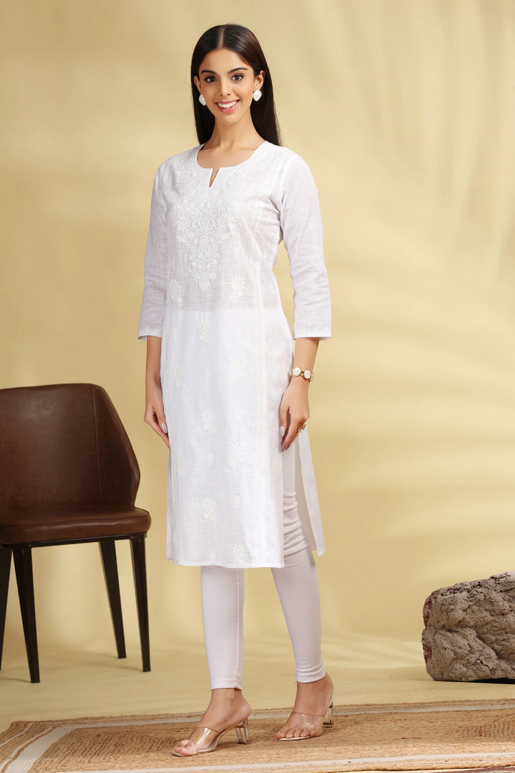 White Embroidered Cotton Straight Kurta for women and girls