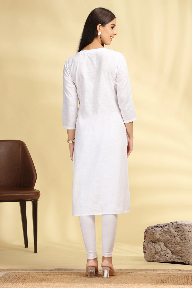 White Embroidered Cotton Straight Kurta for women and girls