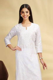 White Embroidered Cotton Straight Kurta for women and girls