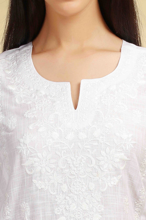 White Embroidered Cotton Straight Kurta for women and girls