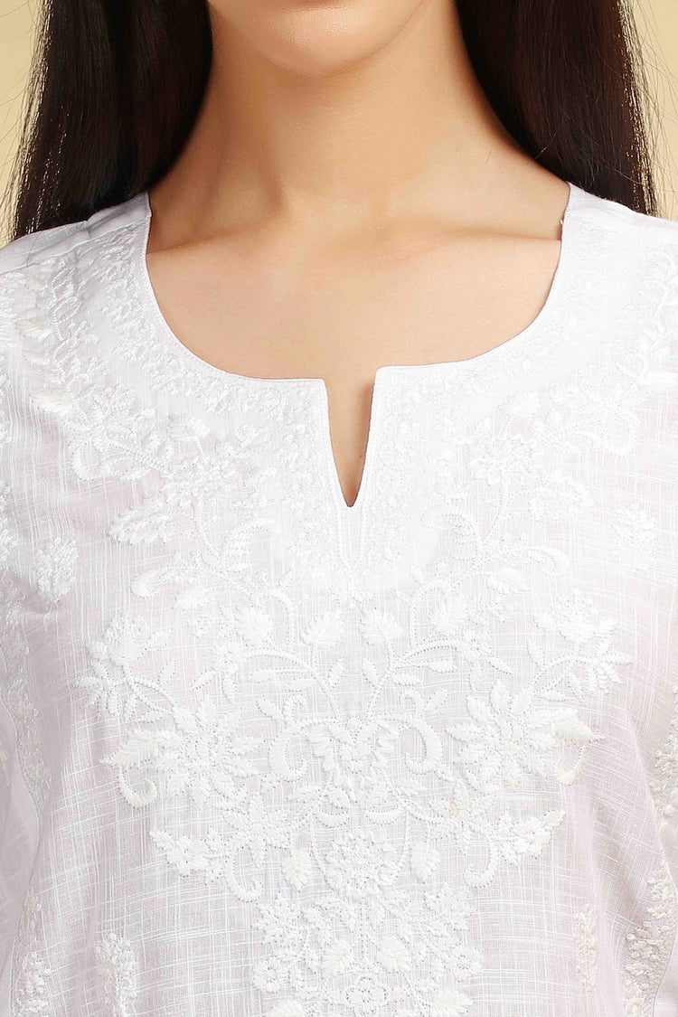 White Embroidered Cotton Straight Kurta for women and girls