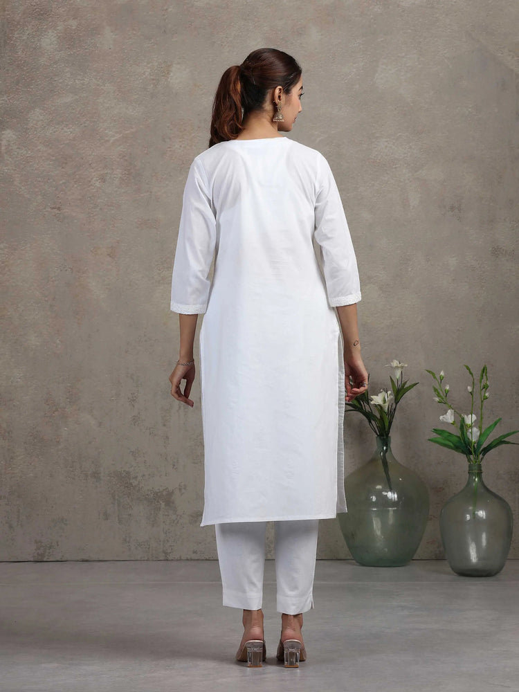 White Floral Embroidered Cotton Straight Kurta