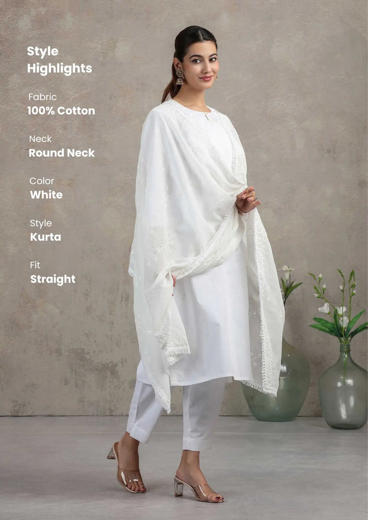 White Floral Embroidered Cotton Straight Kurta
