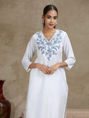 White Floral Embroidered Straight Cotton Kurta