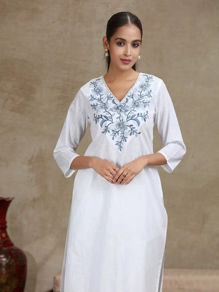 White Floral Embroidered Straight Cotton Kurta