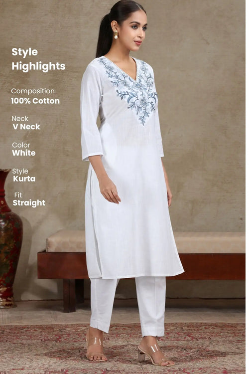 White Floral Embroidered Straight Cotton Kurta