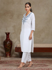White Floral Embroidered Straight Cotton Kurta