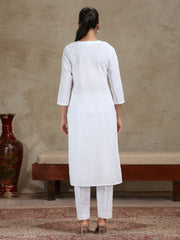 White Floral Embroidered Straight Cotton Kurta