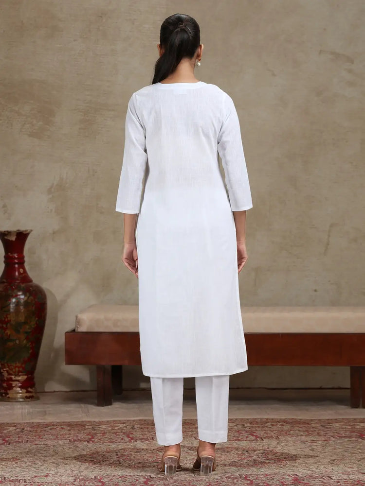 White Floral Embroidered Straight Cotton Kurta
