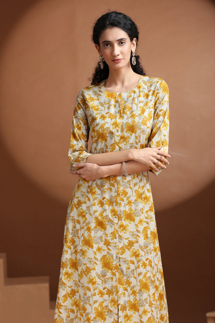 Yellow Floral Printed A-Line Cotton Co-ord Set