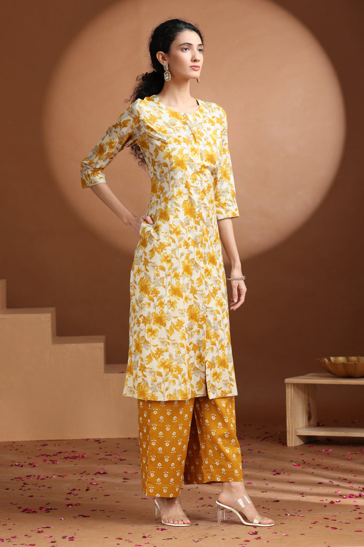 Yellow Floral Printed A-Line Cotton Co-ord Set