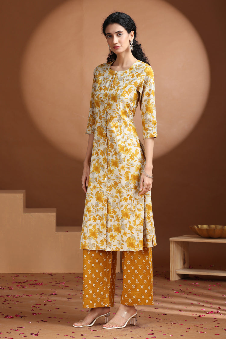 Yellow Floral Printed A-Line Cotton Co-ord Set