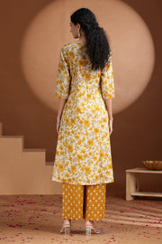 Yellow Floral Printed A-Line Cotton Co-ord Set
