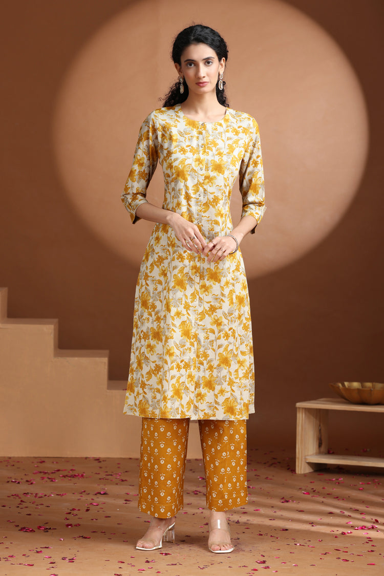 Yellow Floral Printed A-Line Cotton Co-ord Set