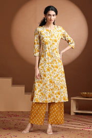 Yellow Floral Printed A-Line Cotton Co-ord Set