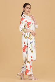 White Rayon A Line Printed Kurta Pant Co ord Set