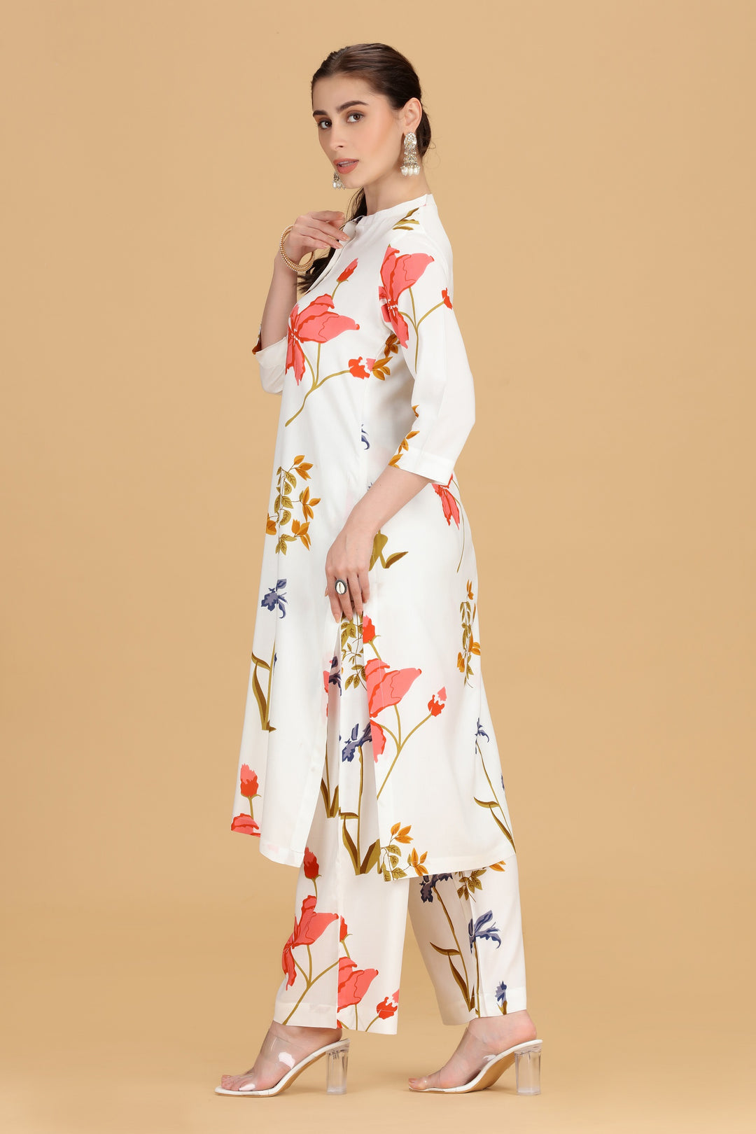 White Rayon A Line Printed Kurta Pant Co ord Set