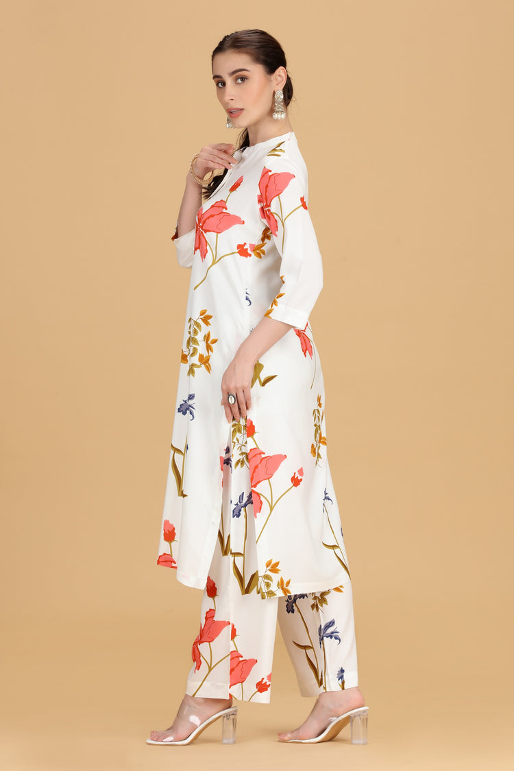 White Rayon A Line Printed Kurta Pant Co ord Set