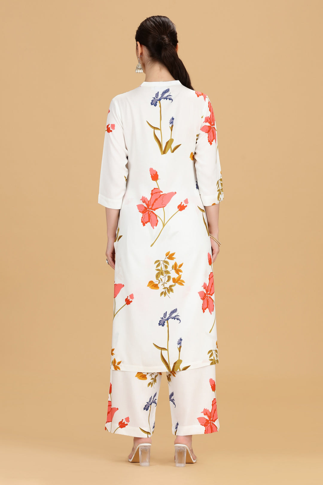 White Rayon A Line Printed Kurta Pant Co ord Set